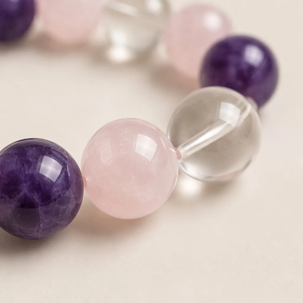 Close-up macro of Amethyst, Rose Quartz and Clear Quartz beads