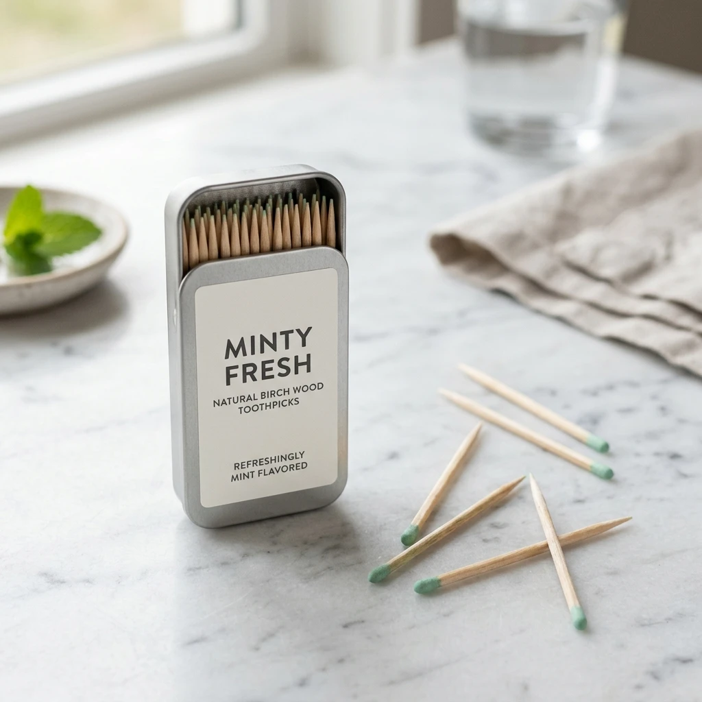 Natural Mint Flavored Toothpicks in portable tin case with birch wood toothpicks on marble surface