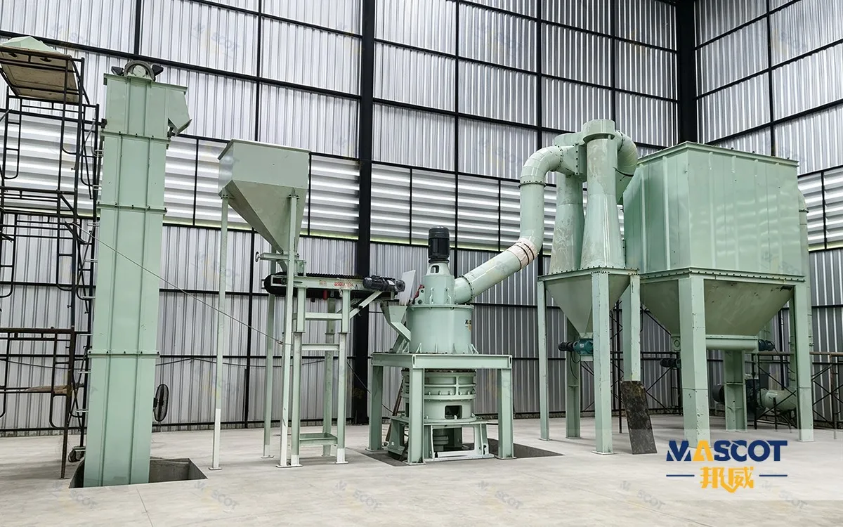 HGM80 micro-powder grinding line in Thailand showing bucket elevator, hopper and feeder, main unit, cyclone collector and pulse-jet dust collector in one building