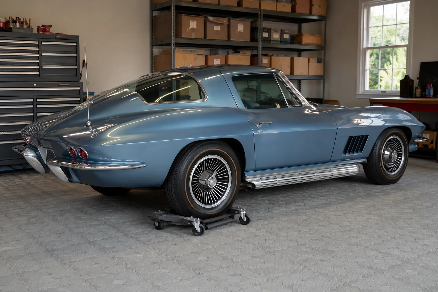 Classic car parked on interlocking garage floor tiles in a private collector's garage