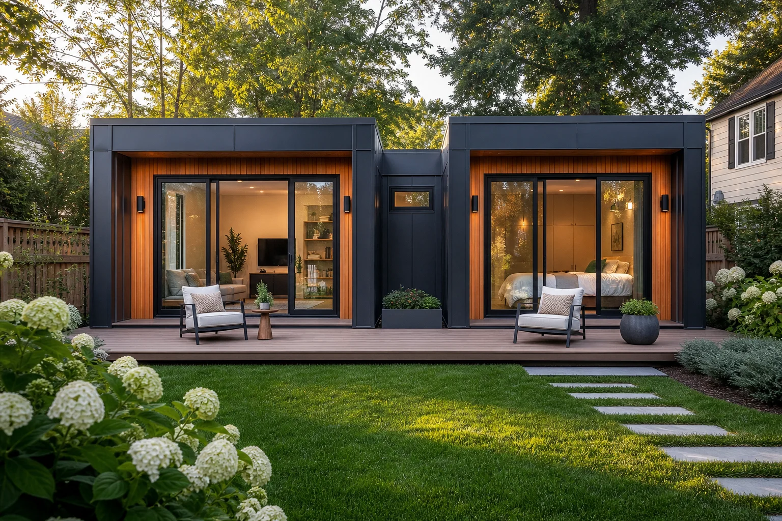Modern Expandable Container House Backyard ADU in North America with Cedar Wood Accents