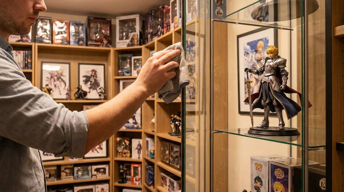 Collector carefully cleaning a premium anime display figure on a glass shelf with a soft dry cloth