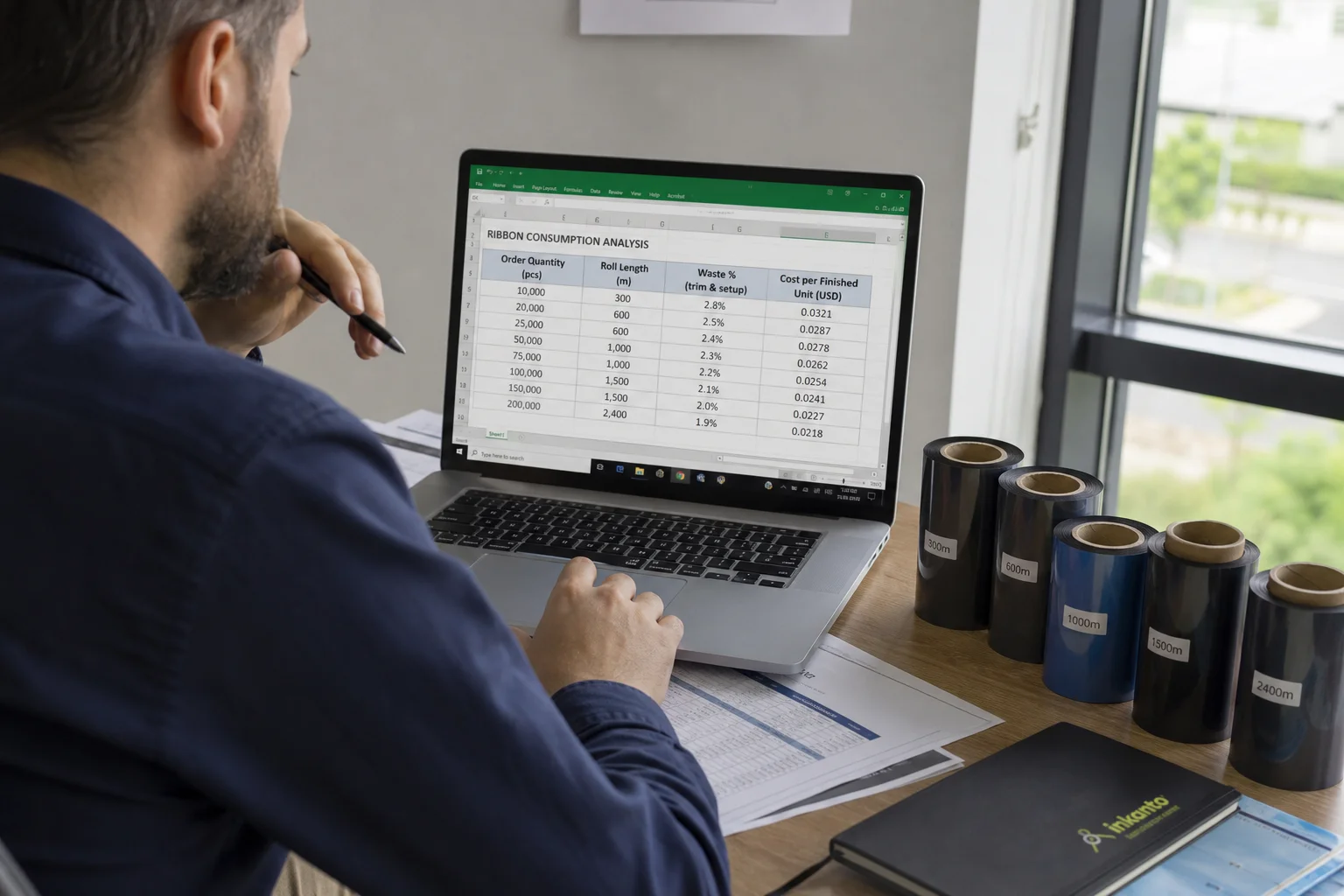 Buyer reviewing ribbon consumption spreadsheet showing waste percentage reduction analysis with ribbon roll samples on desk