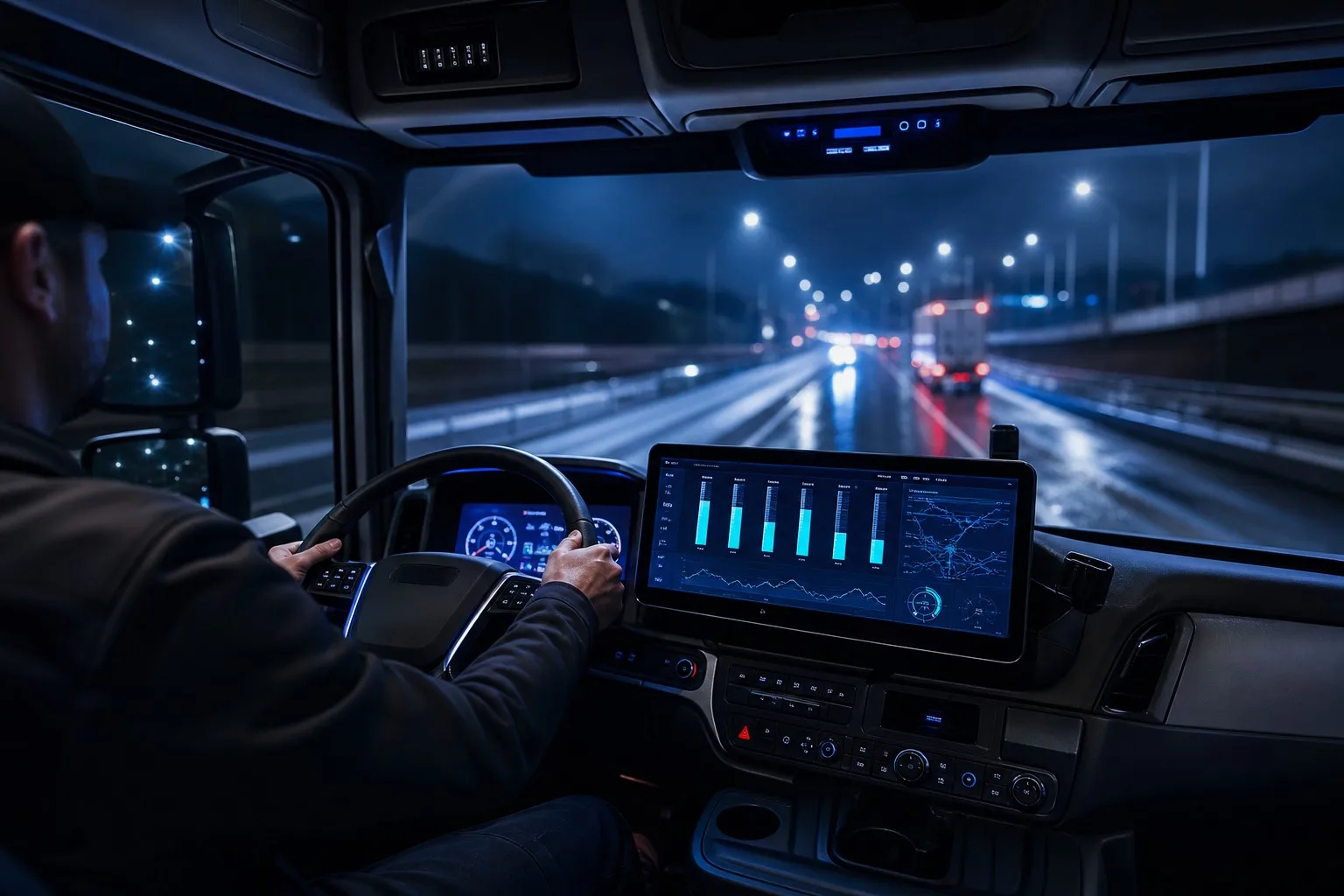 Truck cab telematics display showing fuel level data
