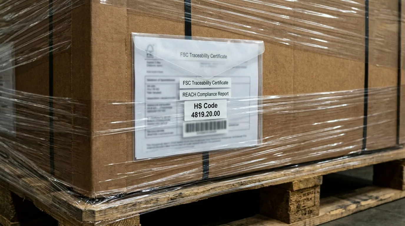 Macro view of export compliance bundle on a palletized carton showing FSC and HS Code labels.