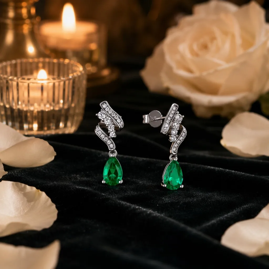 Pear Cut Green Drop Earrings Rhodium Plated Cultivating Emeralds 925 Sterling Silver Claw Setting Forever Star Third Party