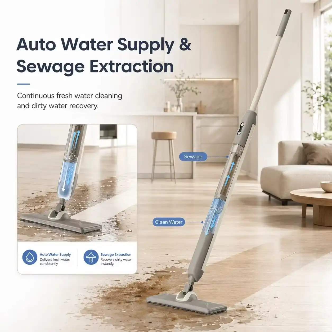 T8 cordless floor washer spraying fresh water and recovering dirty water into the sewage tank while cleaning a wood floor