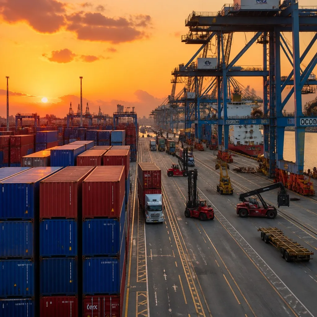 Bustling shipping container terminal at dusk with high-precision steel export containers