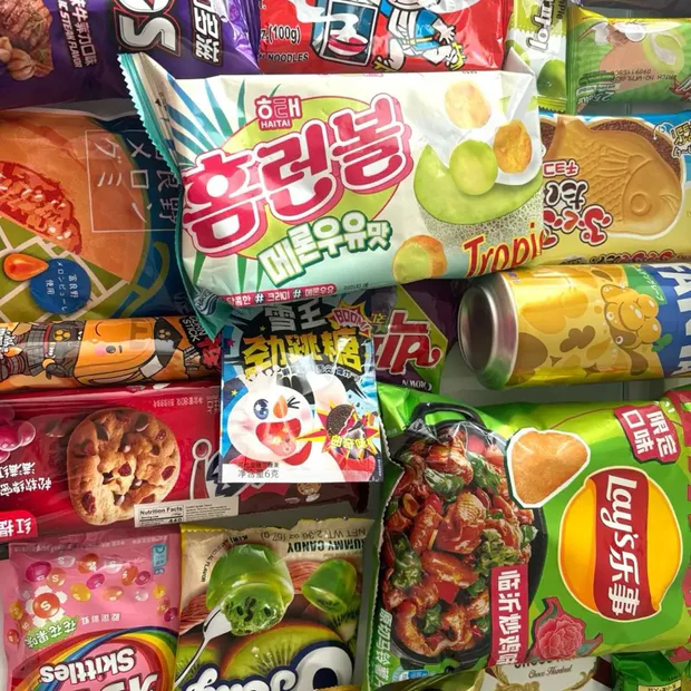 Assorted savory chips and sweet snacks