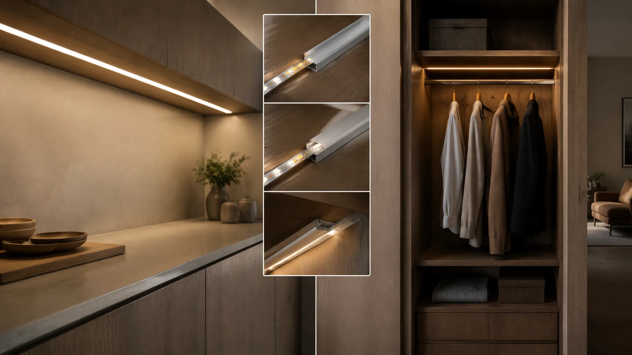 COB LED strip installed in custom kitchen cabinets and wardrobe furniture