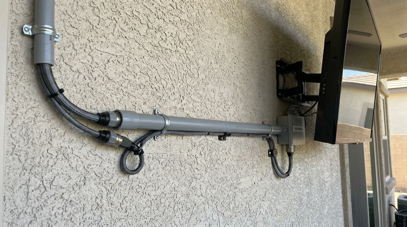 Outdoor HDMI cable management along exterior wall
