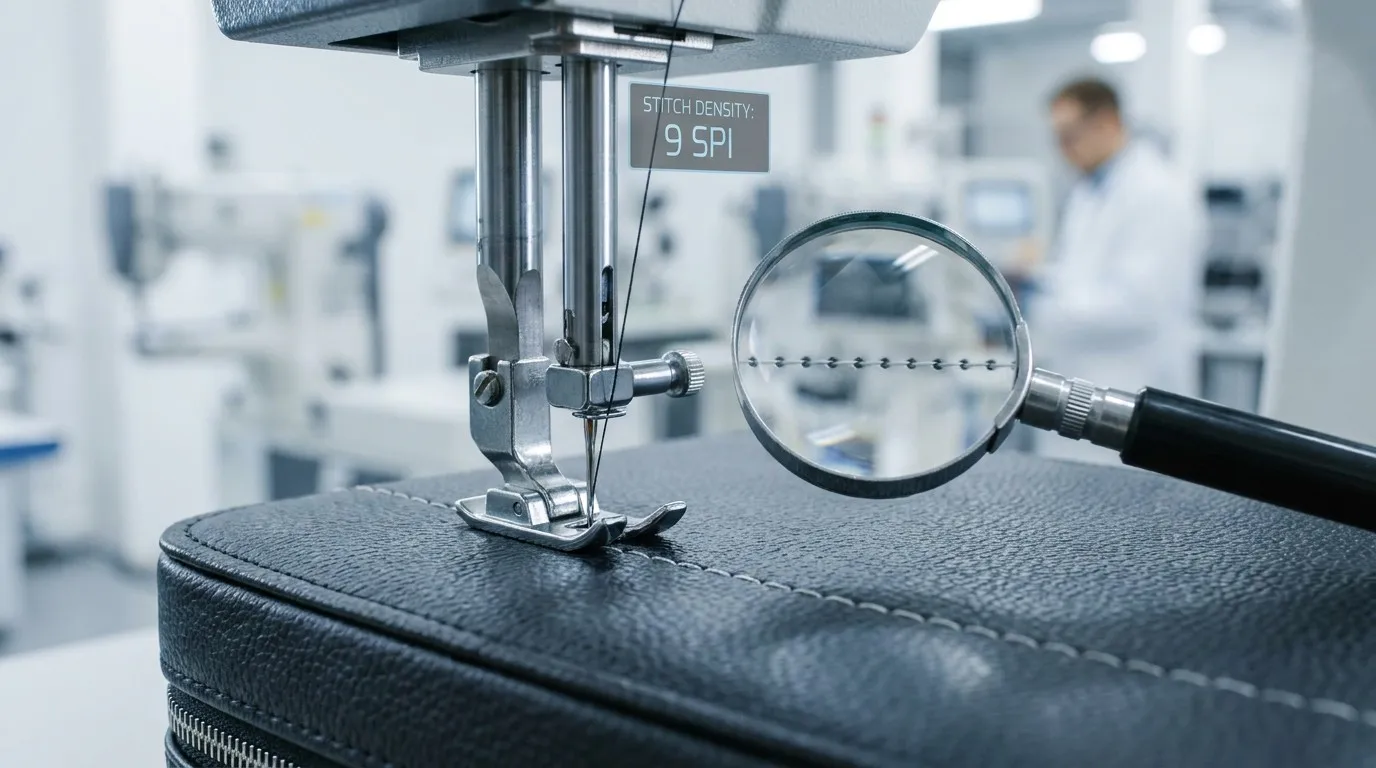 High-end macro shot of a sewing machine delivering precision stitching on a luxury vanity case