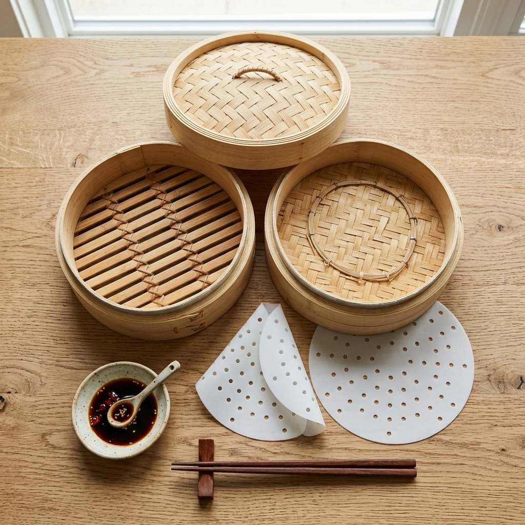 Artisanal bamboo steamer basket disassembled — 2-tier design with reusable silicone liners and chopsticks