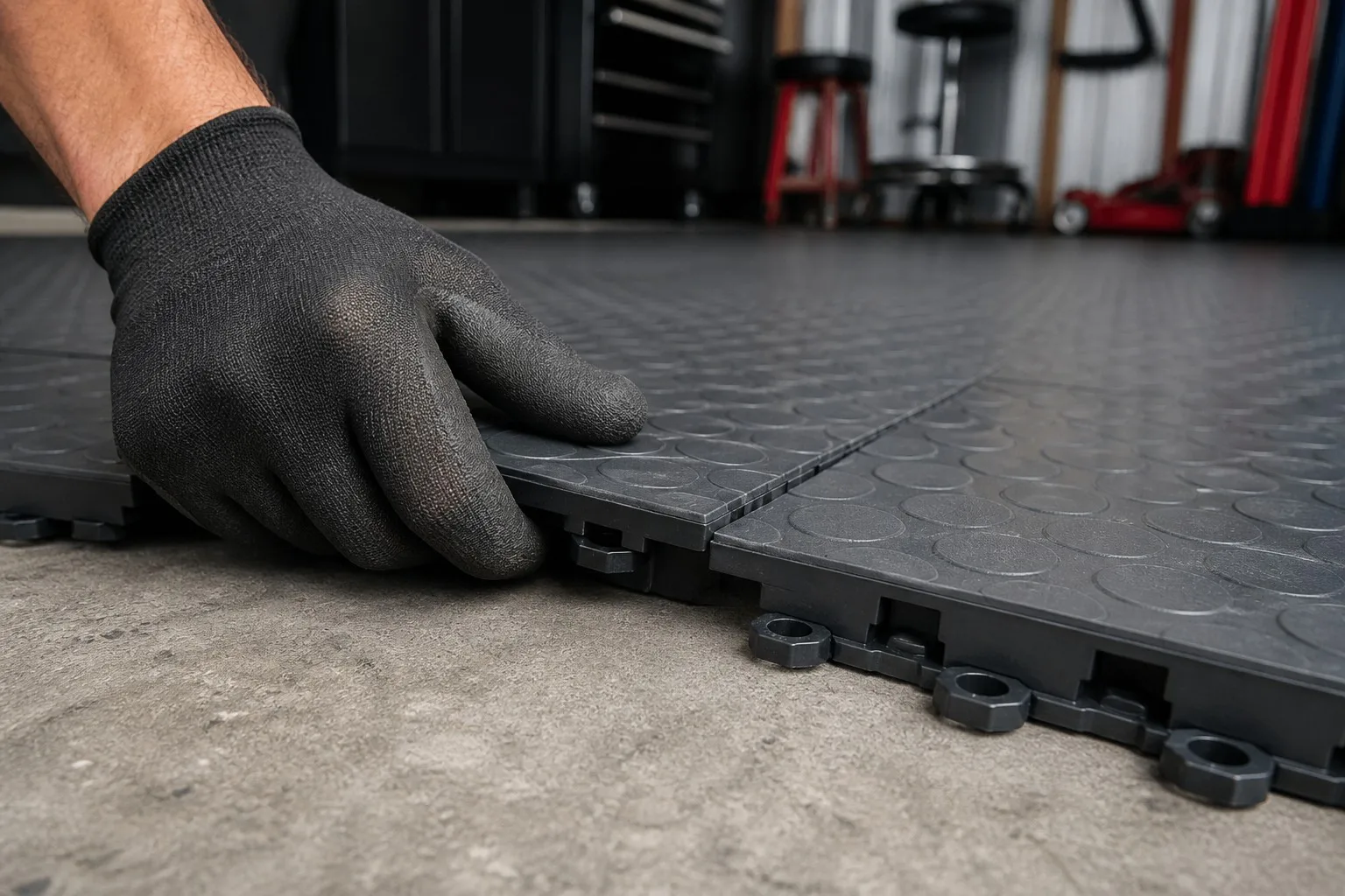 Installing interlocking garage floor tiles by pressing hexagonal connectors together