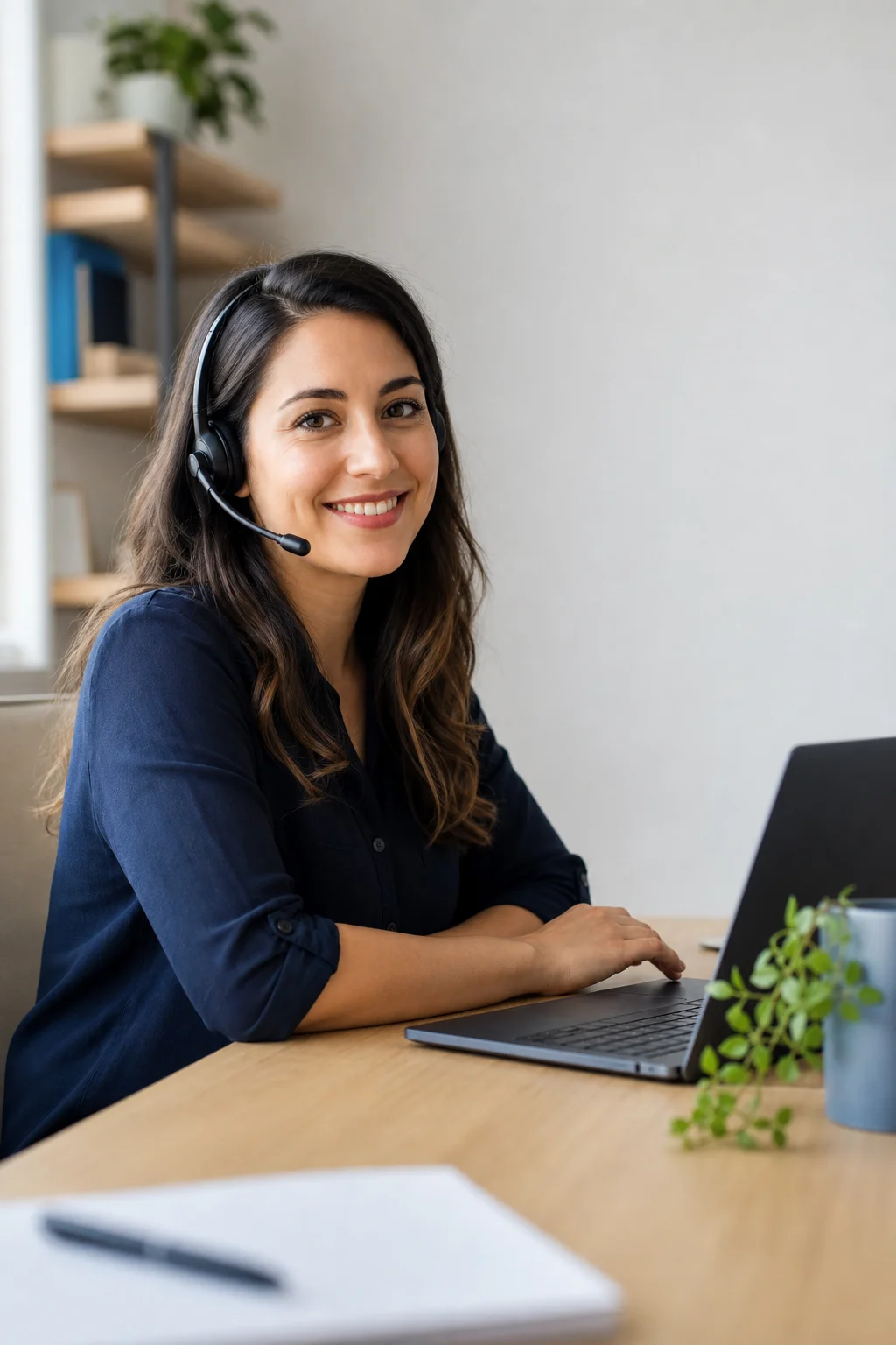 A remote sales coordinator wearing a headset, mid-conversation at a bright desk