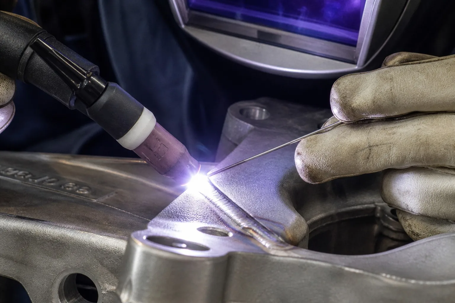 Close-up of GTAW TIG welding on stainless steel casting with filler rod
