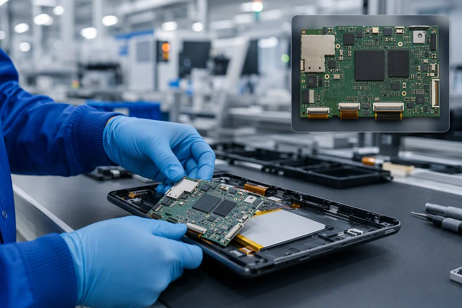 Consumer device being assembled on a factory line