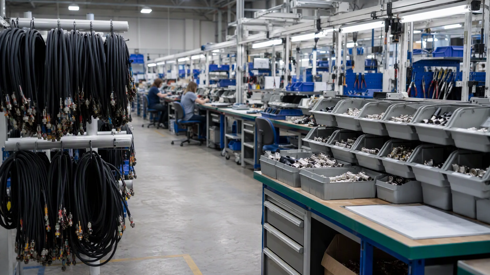 Cable assembly workshop with termination benches and connector bins