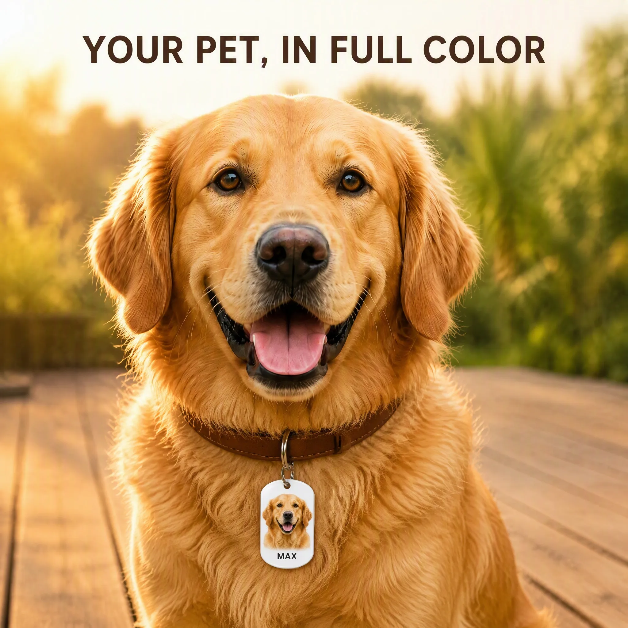 Golden retriever wearing the photo dog tag - Lifestyle
