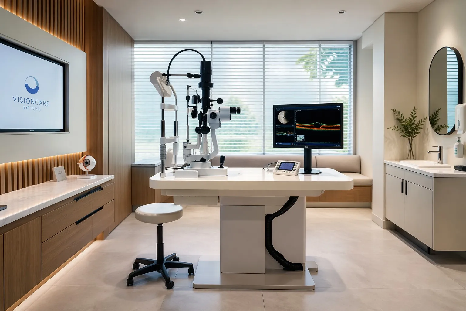 Modern ophthalmic exam lane with motorized instrument table