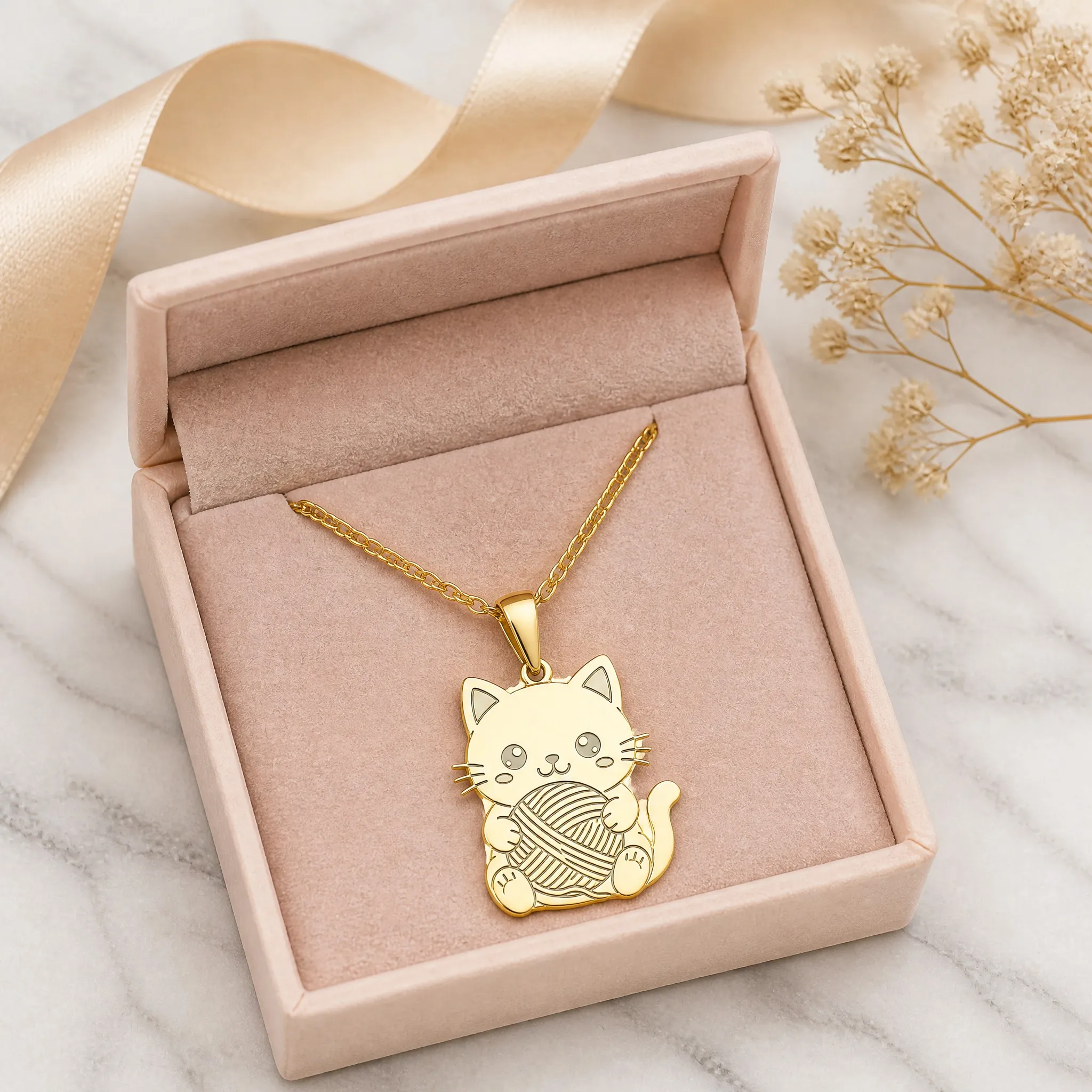 Cat pendant necklace in blush pink velvet gift box with ribbon on marble