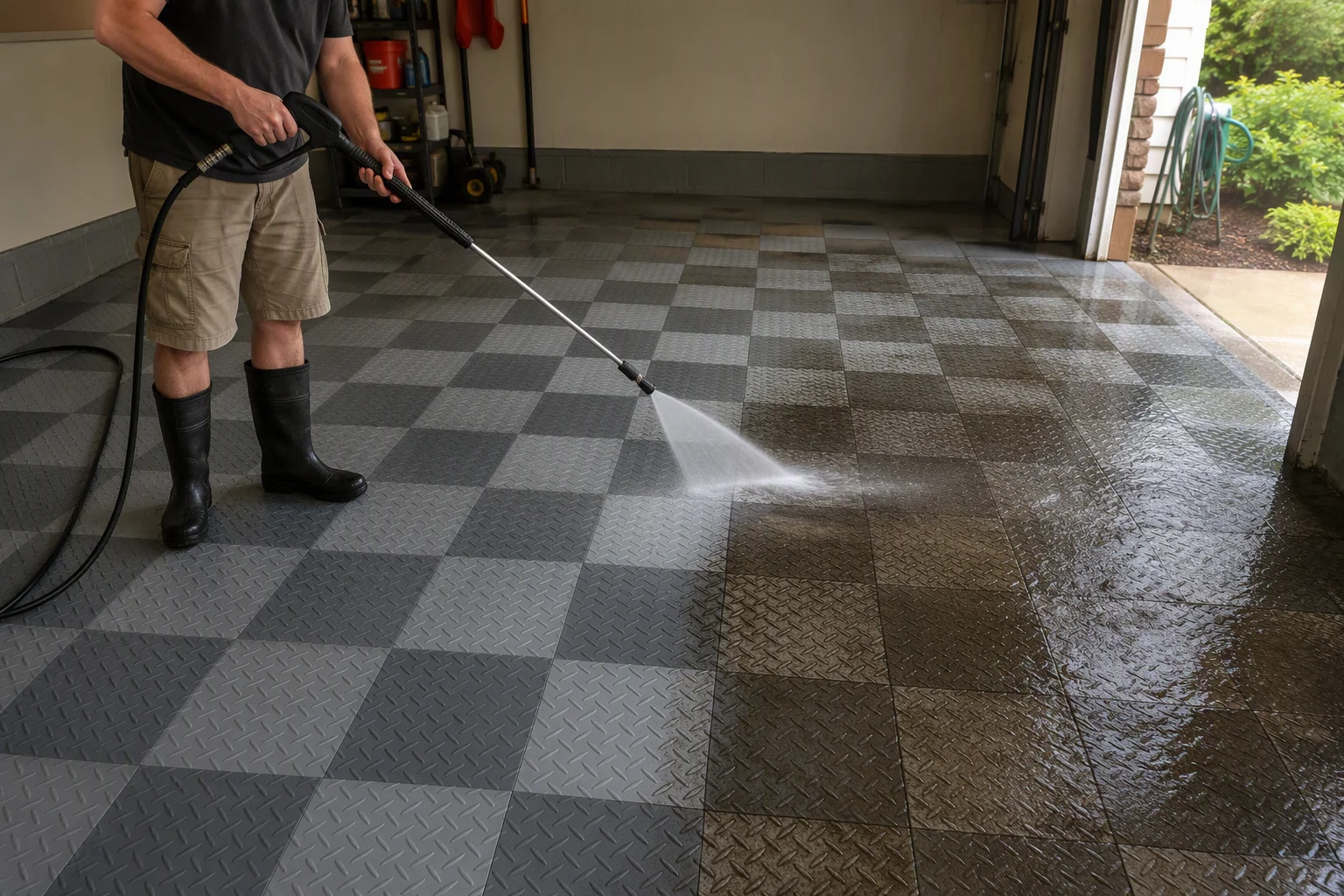 Pressure washing interlocking garage floor tiles with a wide fan nozzle