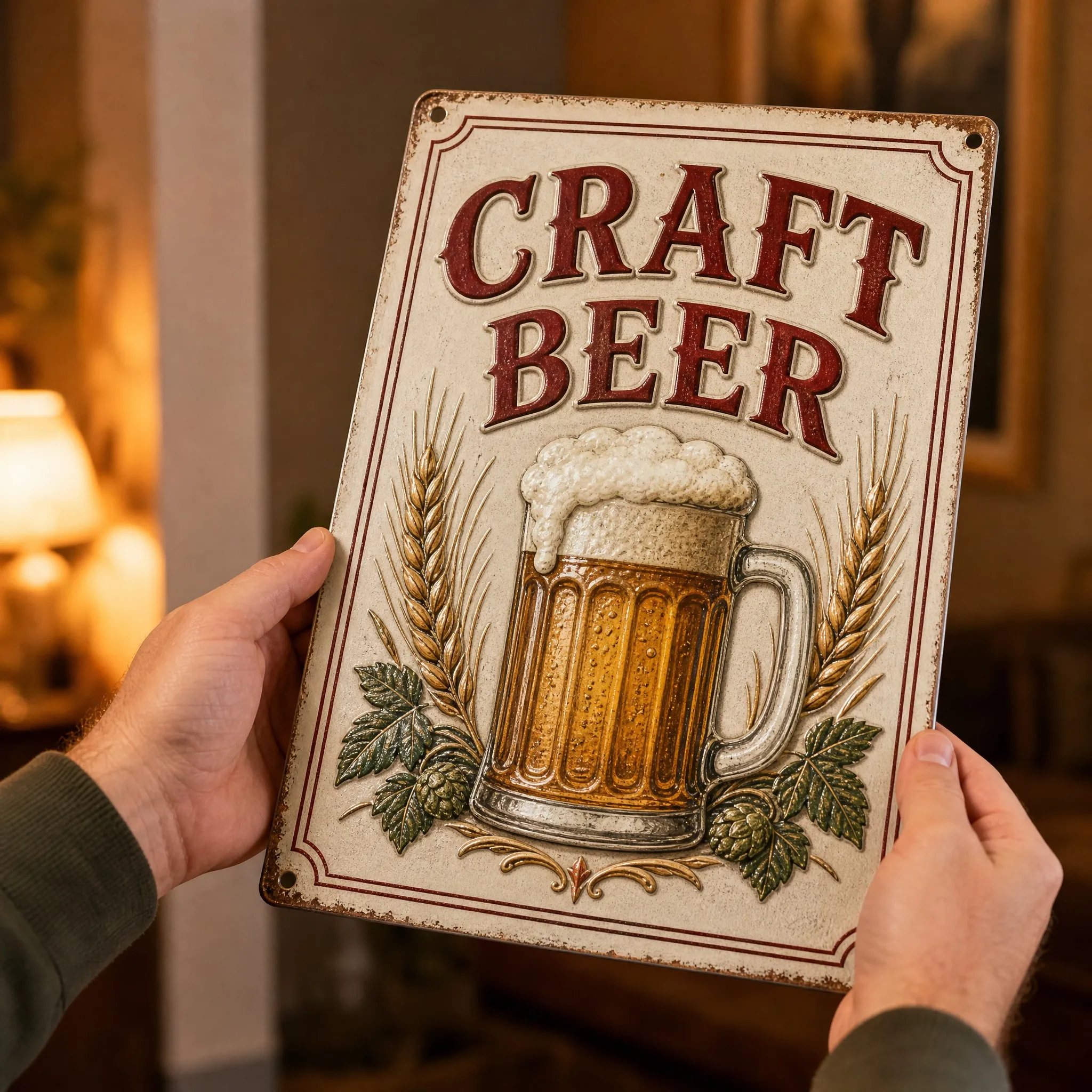 Hand holding the embossed vintage tin sign showing scale and craftsmanship