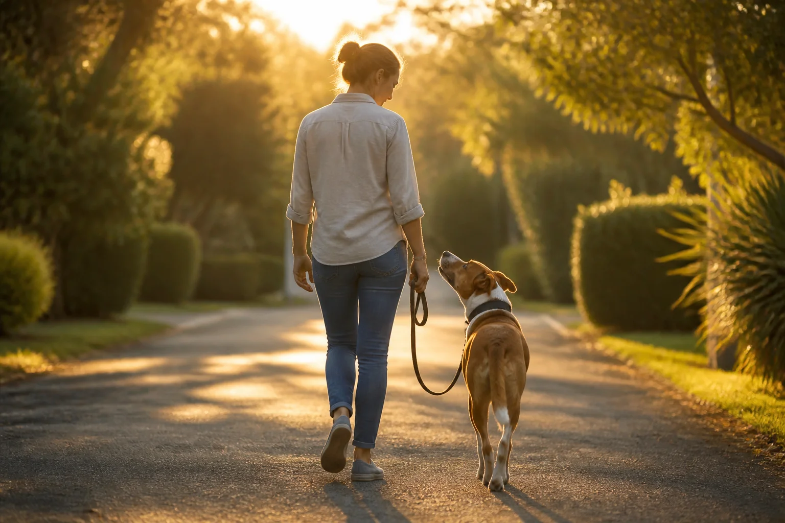 A person walking a rescue dog on a loose leash at golden hour