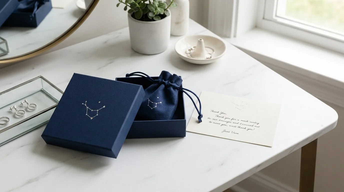 The finished Luna & Moss custom navy blue packaging set on a vanity table.