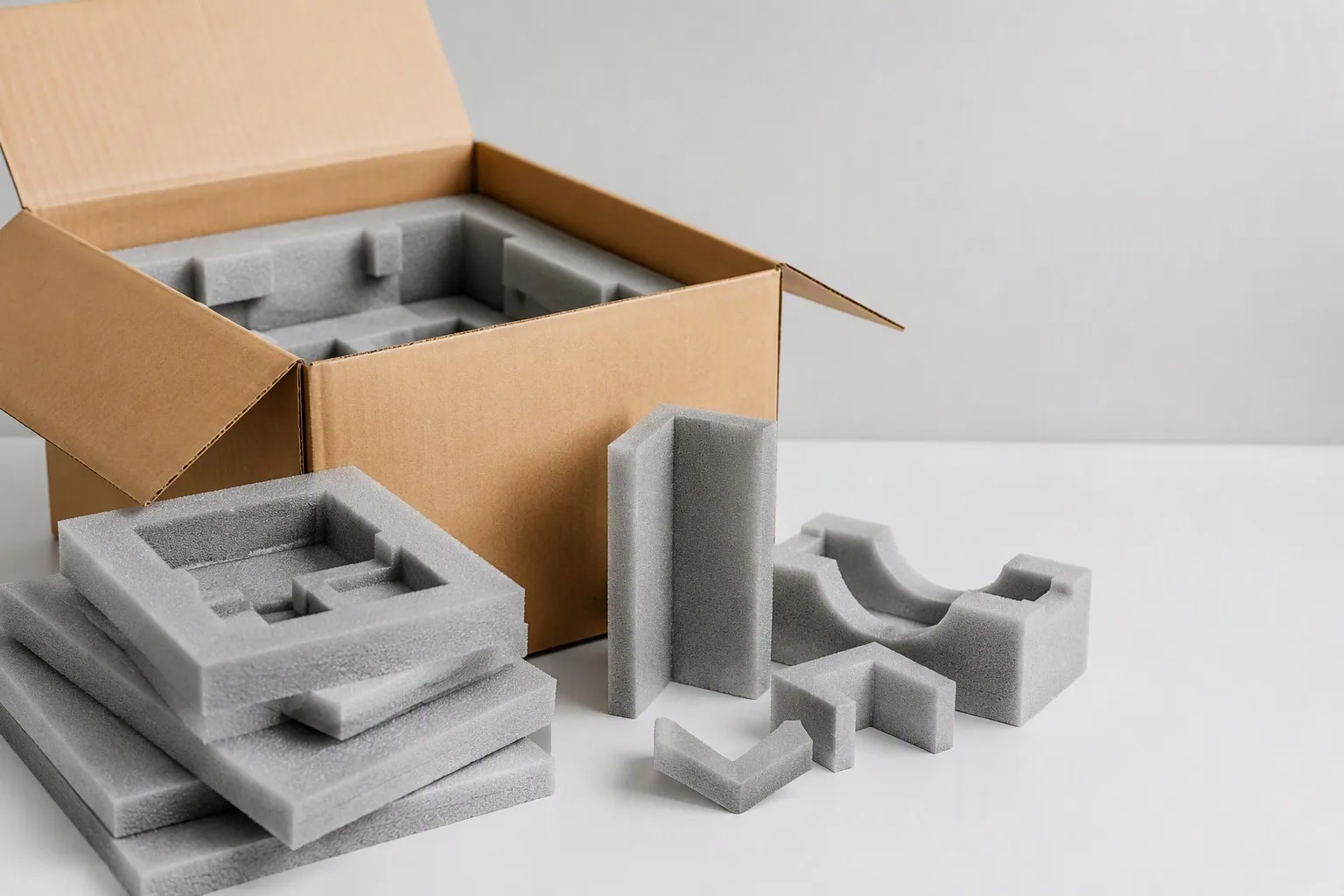 Die-cut closed-cell EVA and PE foam packaging inserts beside an open shipping box