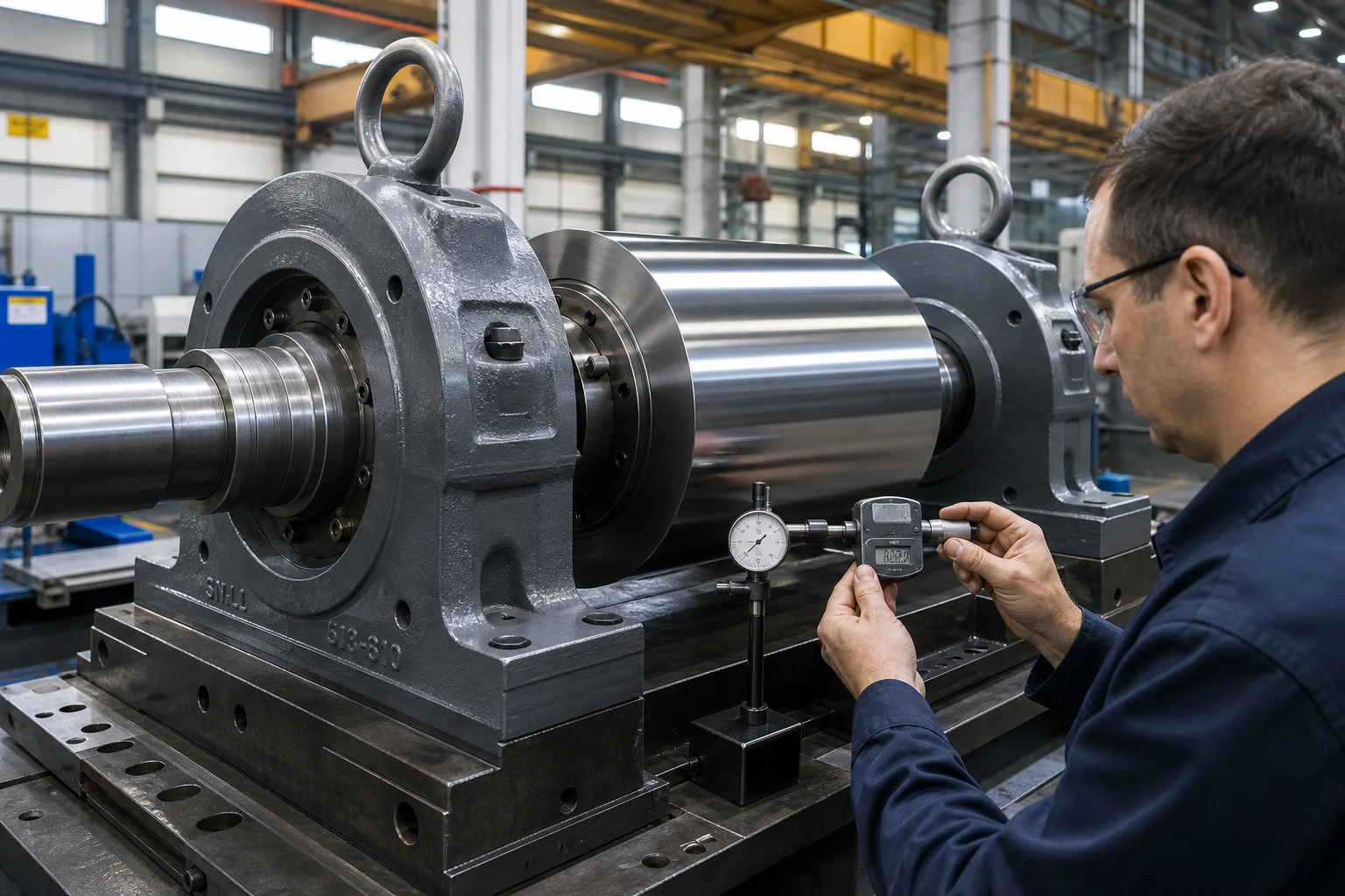 Heavy cast alloy steel rotary kiln supporting roller assembly mounted in bearing pedestals