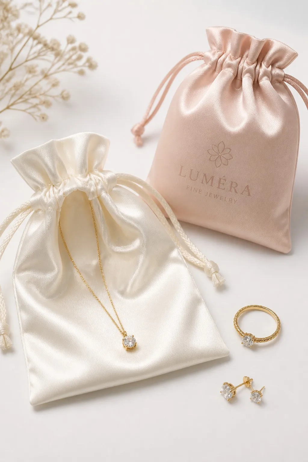Ivory satin drawstring pouch open with a gold necklace inside, beside a closed blush pink satin pouch with printed logo