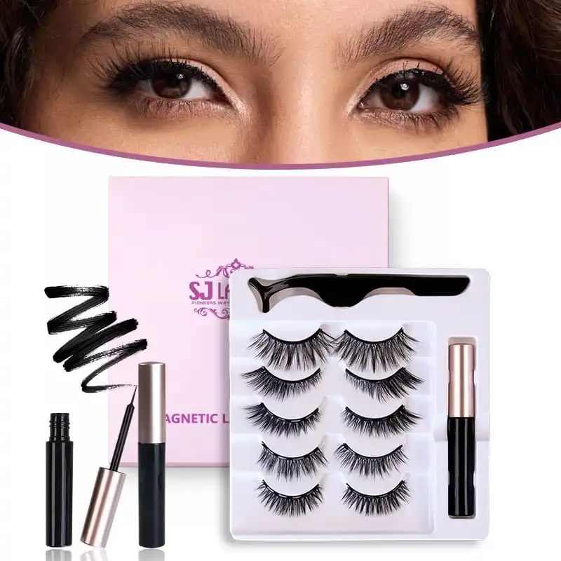 Pink magnetic lash and eyeliner kit box laid flat beside its white vacuum-formed tray holding five pairs of magnetic lashes, a curved black applicator and a rose gold eyeliner tube - magnetic lash kit packaging