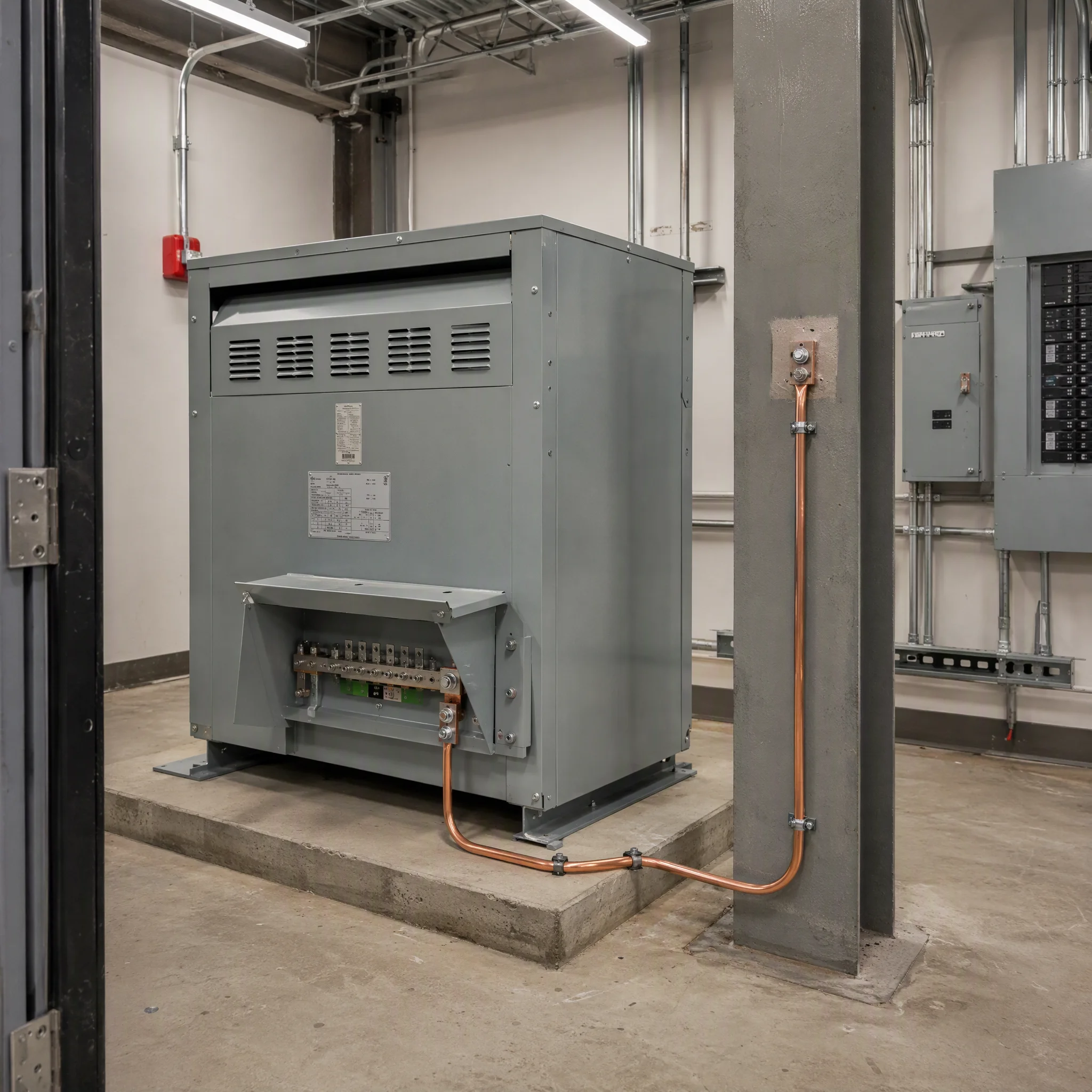 Installed dry type transformer in a commercial electrical room with the grounding electrode conductor routed to the building steel column
