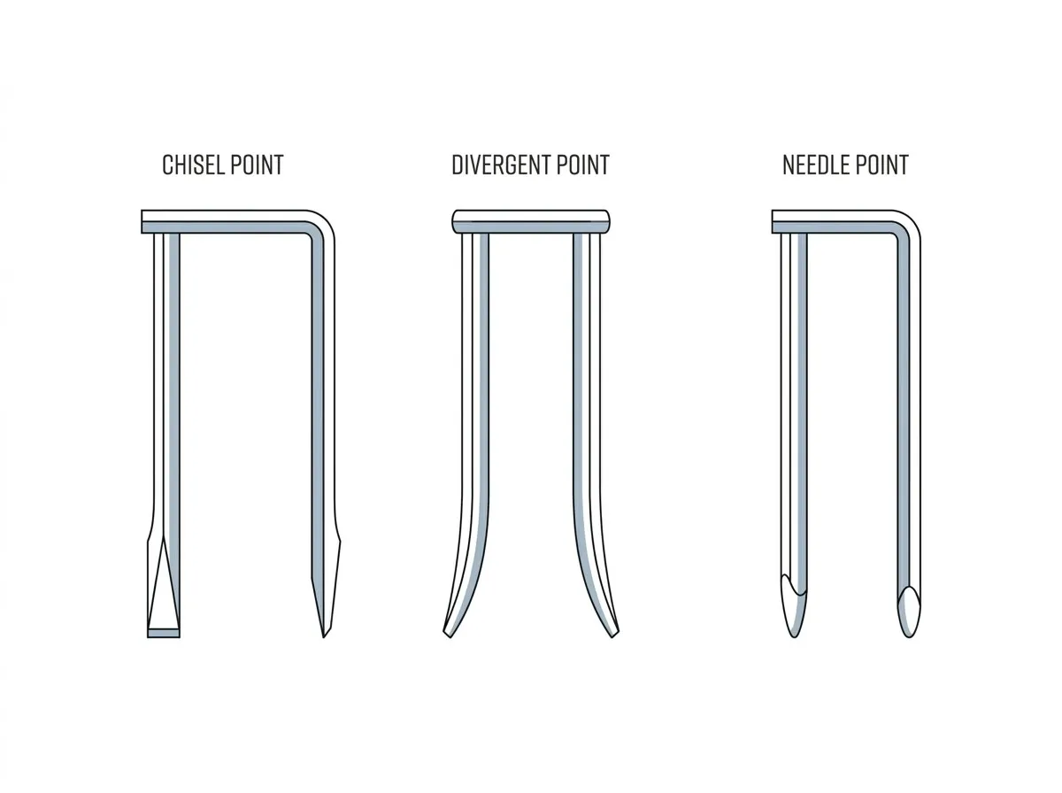 Staple point types comparison: chisel point, divergent point, needle point