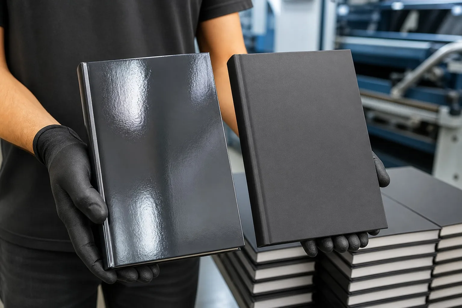 Matte vs glossy lamination comparison on book covers - matte and gloss finish samples side by side