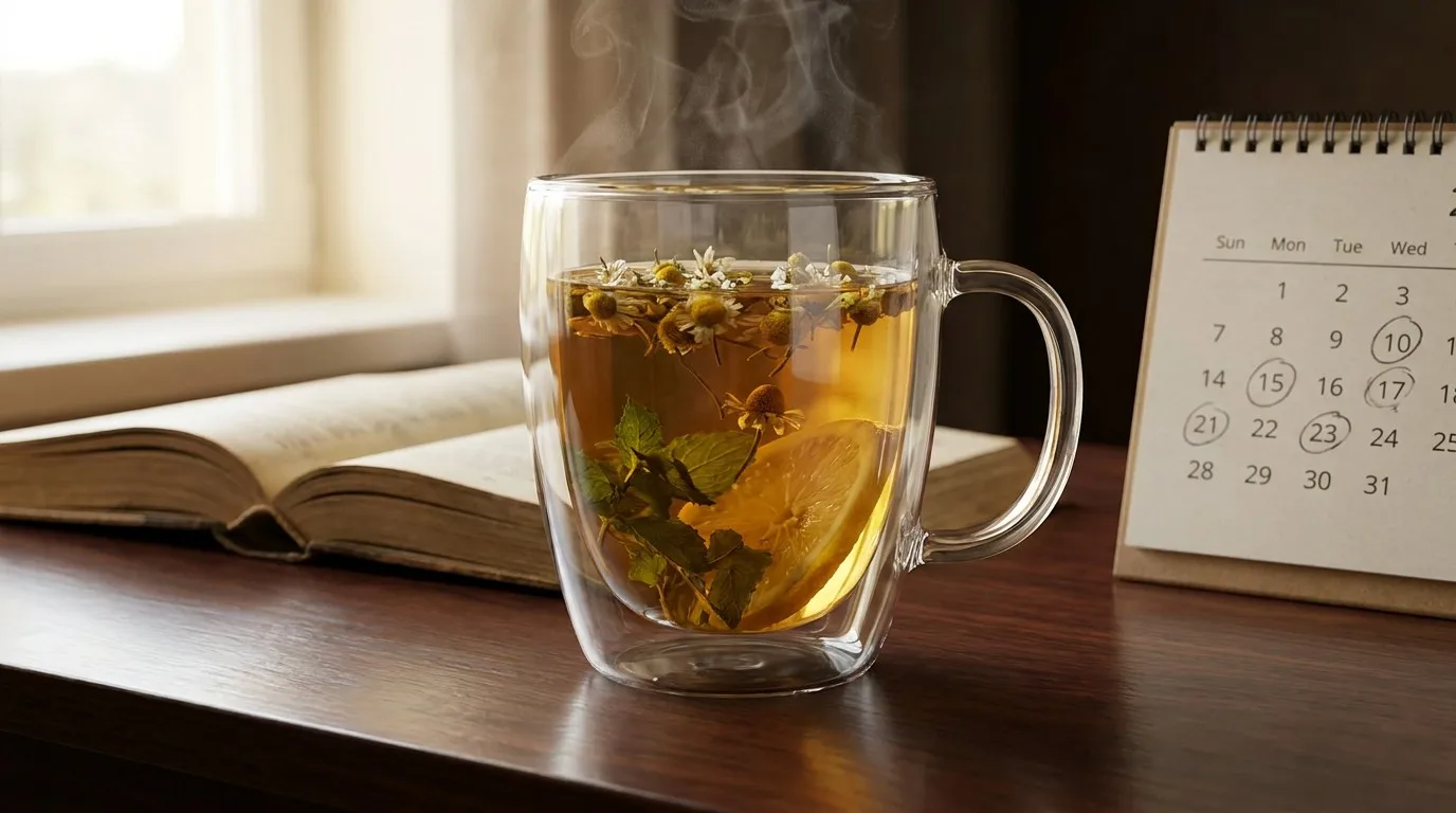 Brewing warm tea next to calendar marking menstrual cycle