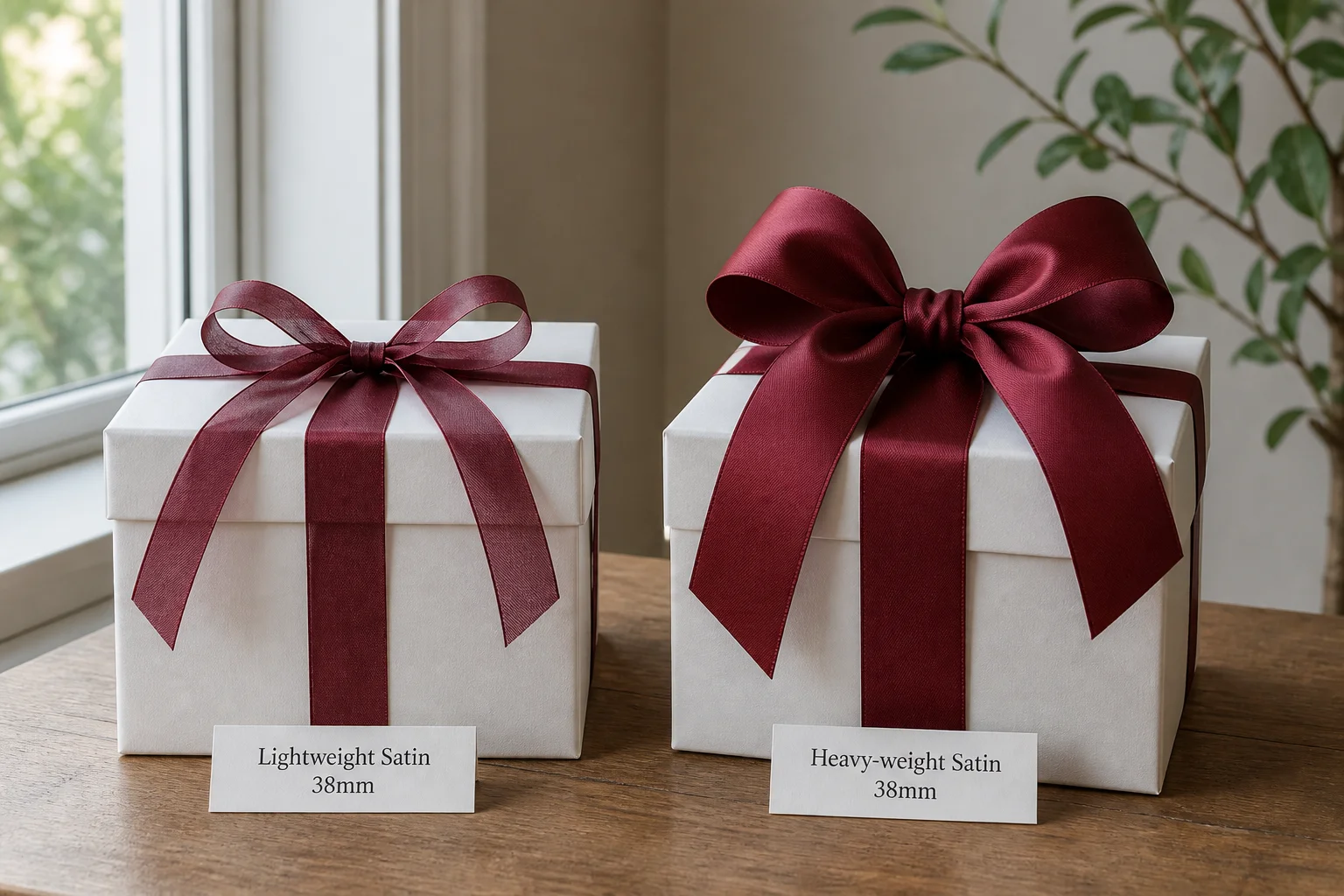 Documentary B2B product comparison photo two gift boxes decorated ribbon bows identical width 38mm clearly different fabric weight one bow lightweight satin ribbon thin flat slightly translucent loops one bow heavy-weight satin ribbon full voluminous loops hold shape both bows same deep burgundy colour difference volume presence clearly visible natural side window light realistic product comparison