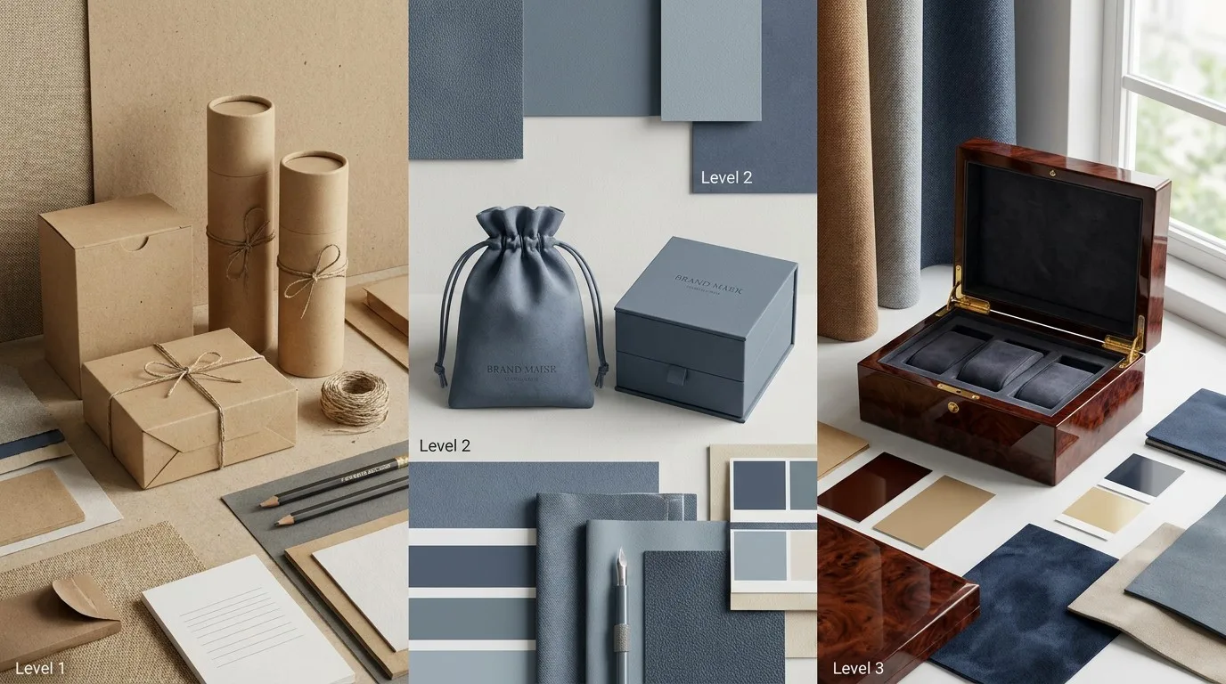 Flagship showcase of three distinct branded packaging collections on a designer's desk.