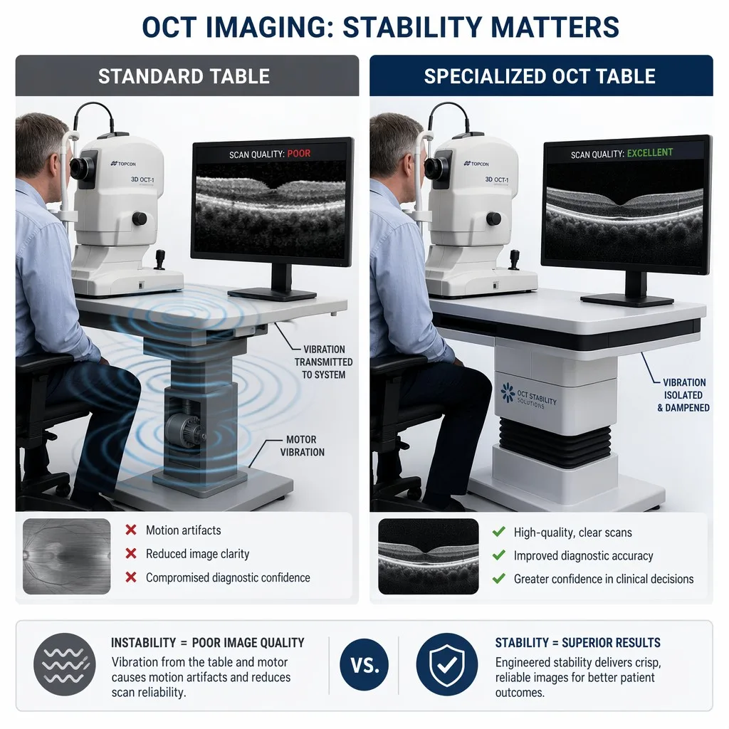 Side-by-side comparison of vibration artifacts versus stable imaging on OCT workstation
