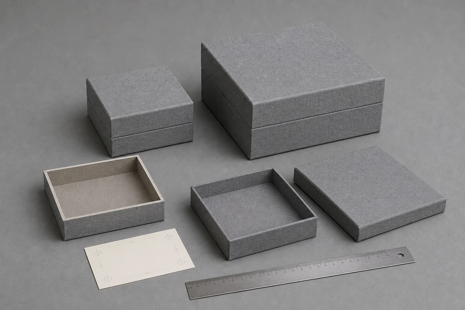 Small jewelry box dimensional comparison on a grey workbench: the same grey textile-covered rigid box shown in two sizes side by side, two bare board shells with exposed raw board interiors, a blank off-white card carrying only faint crosshair registration marks, and a steel ruler for scale