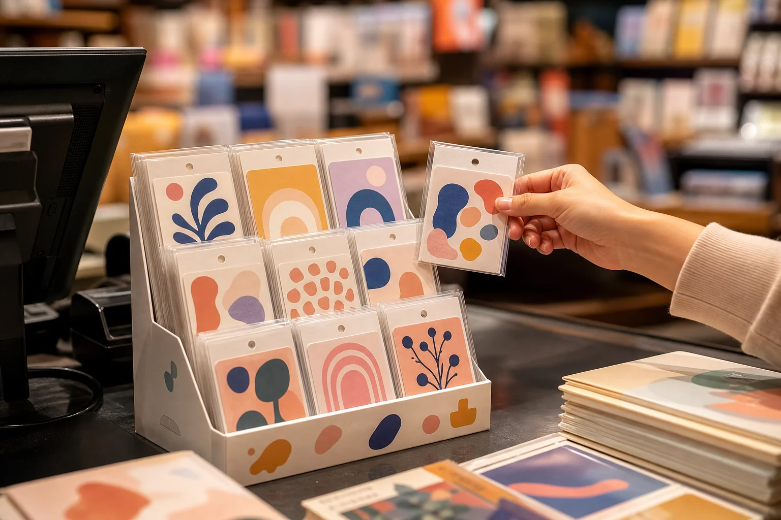Mini sticker packs in countertop display tray at bookstore checkout