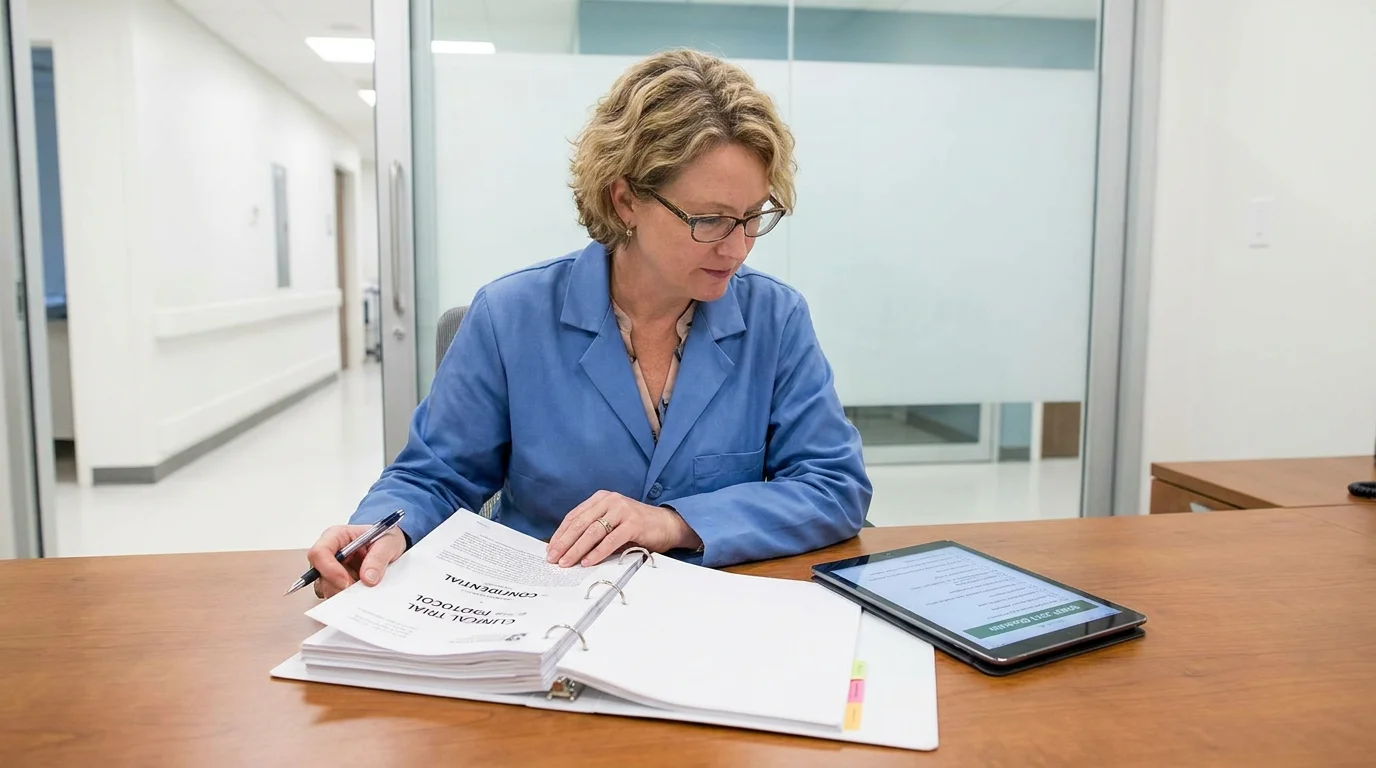 Researcher reviewing a clinical trial protocol against SPIRIT checklist