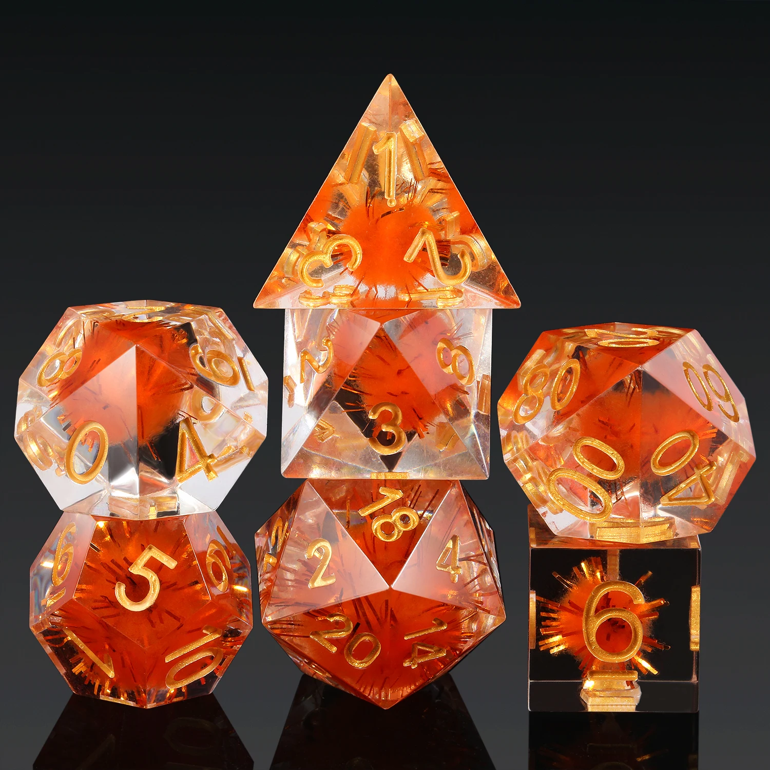 

Factory Wholesale Sharp Edge Dice Set Handmade Pompon Inside Resin dnd dice Dungeons and Dragons Dice Set for DND games (Orange)