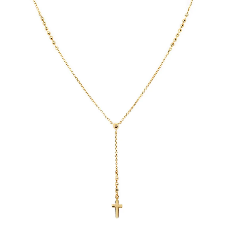 GRECIA Fashion s925 Sterling Silver Y-Shaped Bead Chain Cross Lariat Long Chain Pendant Necklace