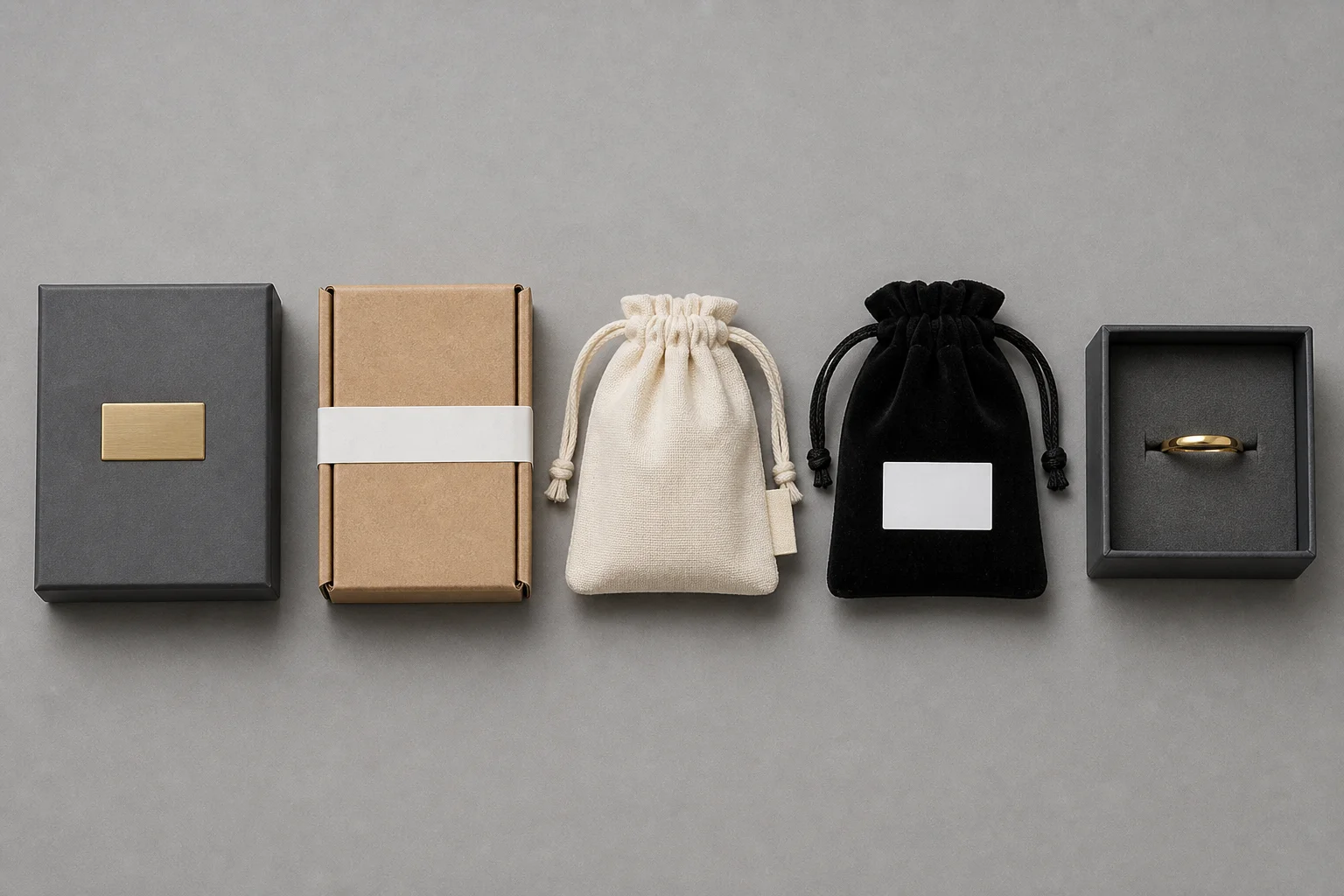 Overhead flat lay on a warm-grey studio surface, five packaging units in a row from left to right: a charcoal-grey rigid box with a plain brushed-brass plate centred on its lid, a kraft-brown corrugated box closed by a white paper band, a cream cotton drawstring pouch with a small blank woven label at its side seam, a black velvet drawstring pouch with a blank white adhesive label on its face, and an open charcoal rigid box whose dark insert holds a single gold ring