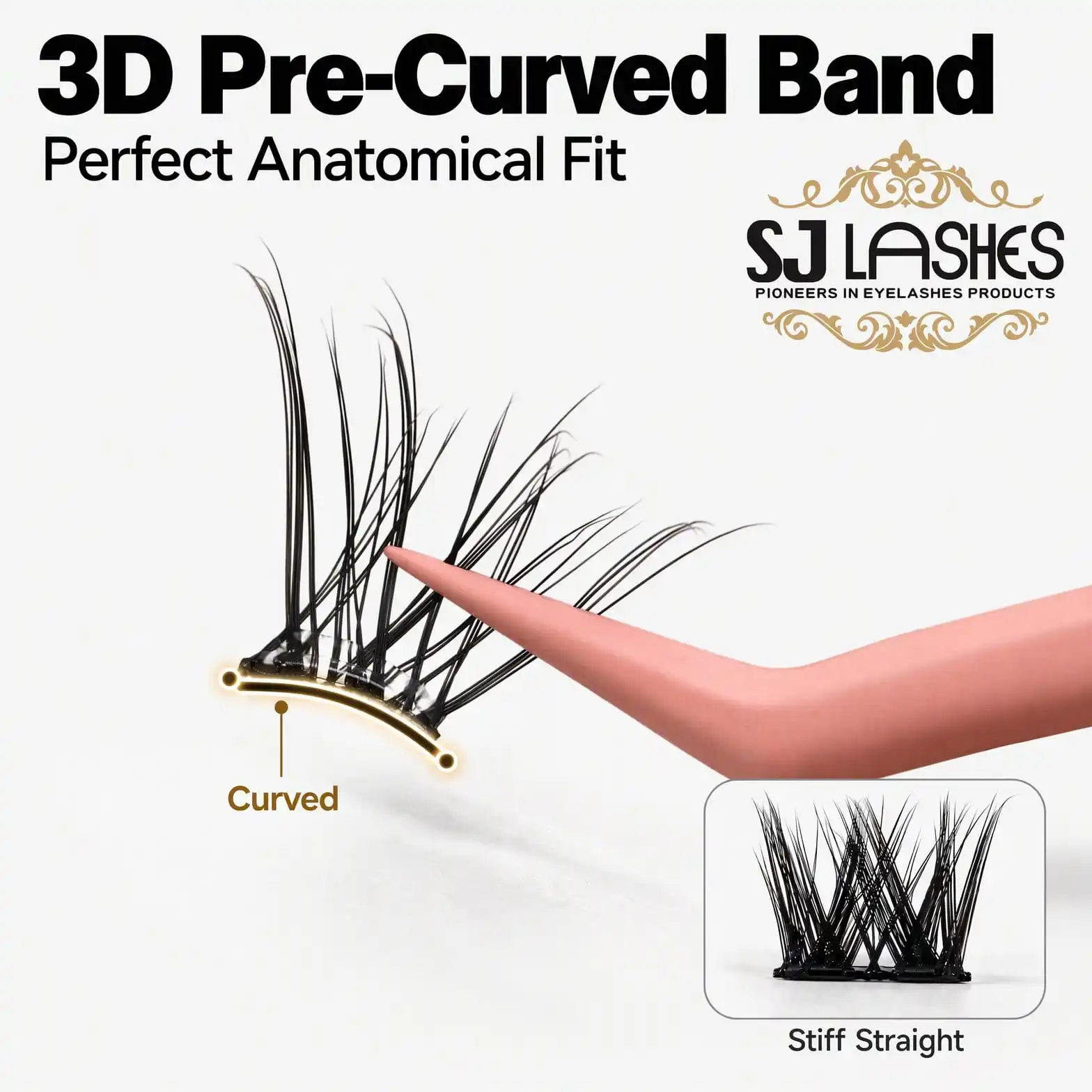 Second view of the 3D pre-curved band alongside a stiff straight band comparison with the curve marked - curved band lash product specification detail