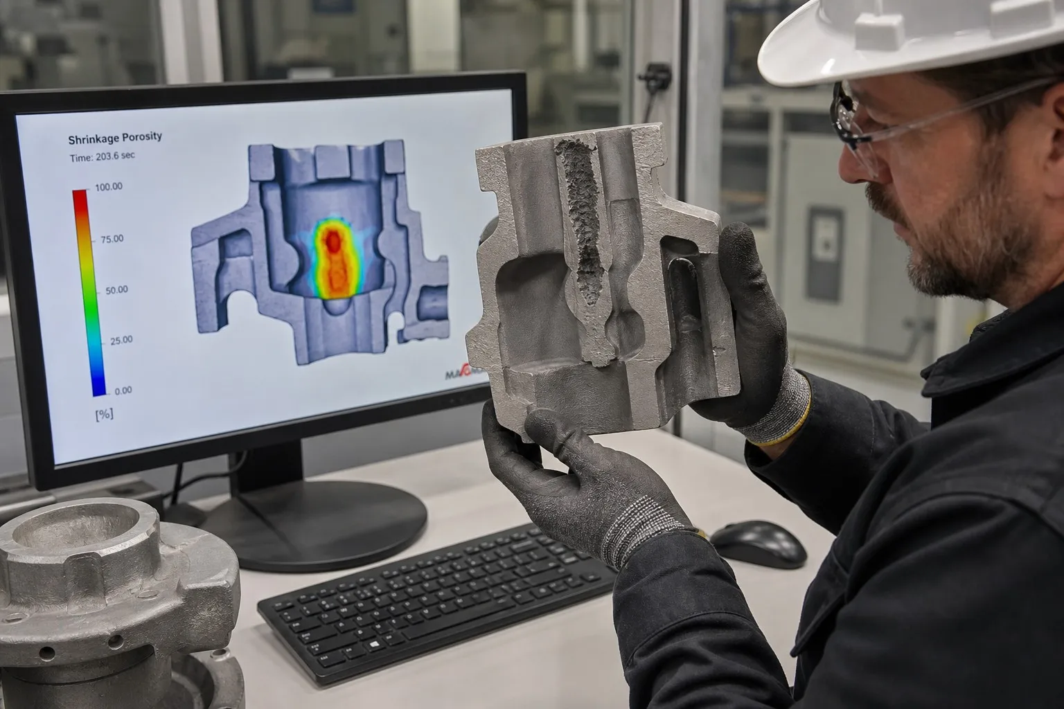 Engineer comparing simulation result on screen with actual sectioned casting in hand
