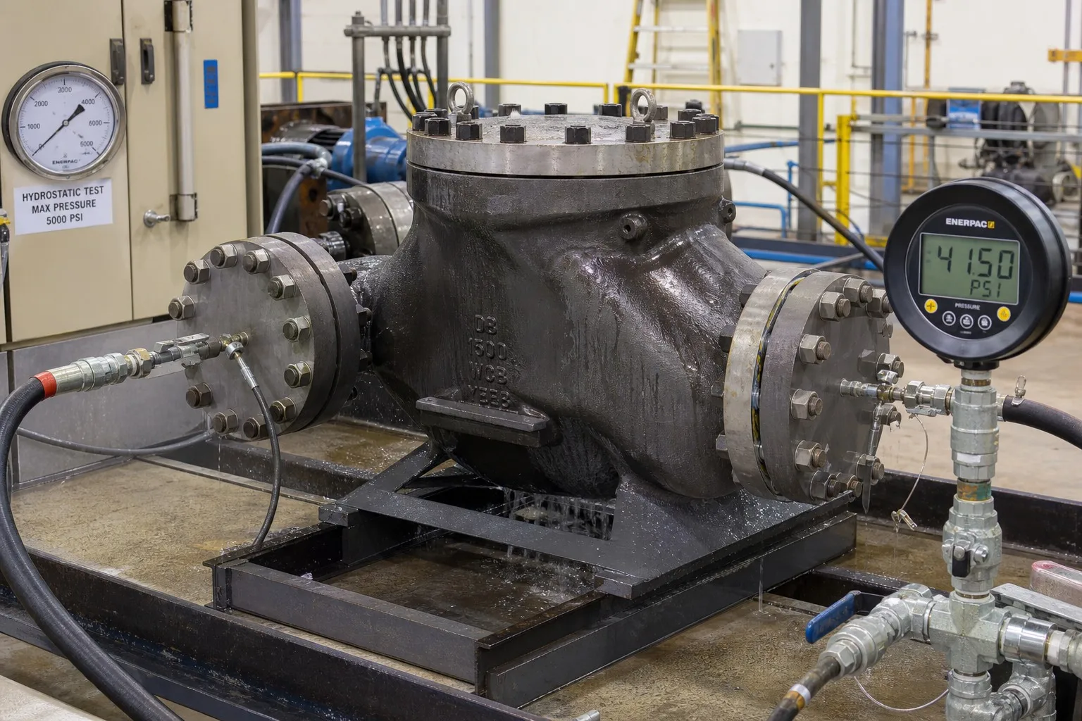 Hydrostatic pressure test on industrial valve body with pressure gauge monitoring