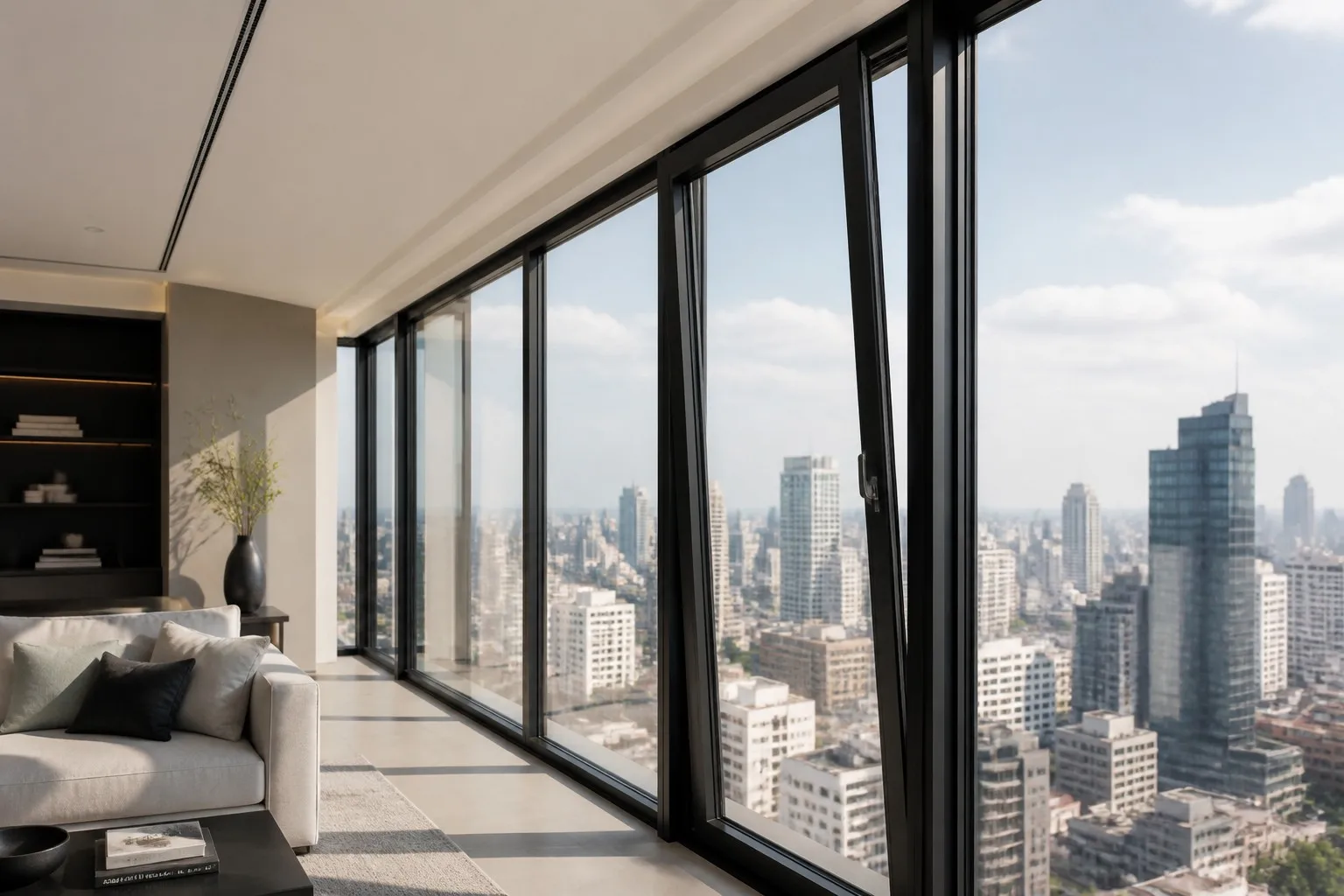 Luxury apartment with black aluminum tilt and turn window in tilt position city skyline